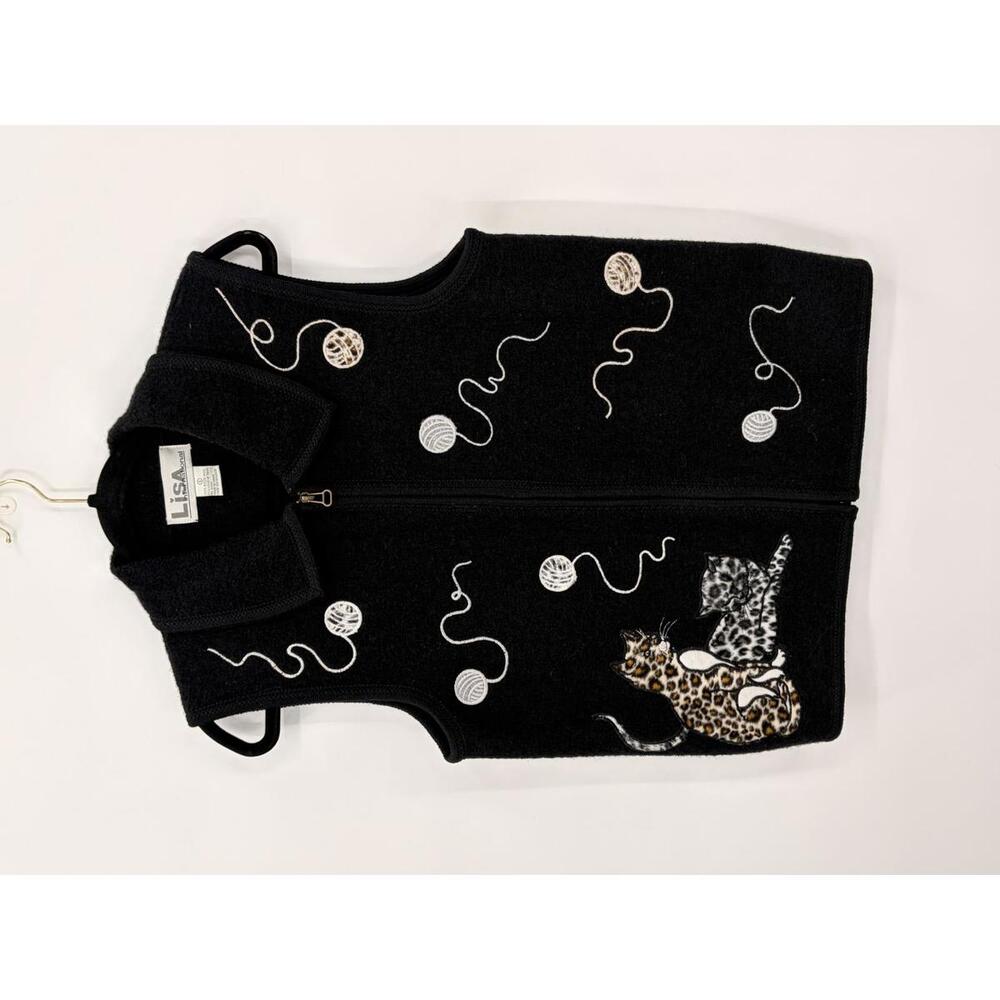 Vintage Cat & Yarn Embroidered Wool Vest‎ Small Black Boho Lisa International